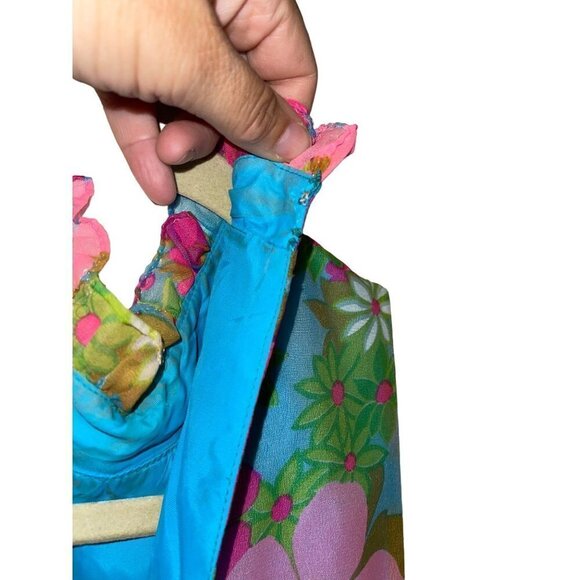Vintage Floral Maxi Dress Size Small Pink Blue Ruffle Trim High Neck Tiered - Picture 11 of 16